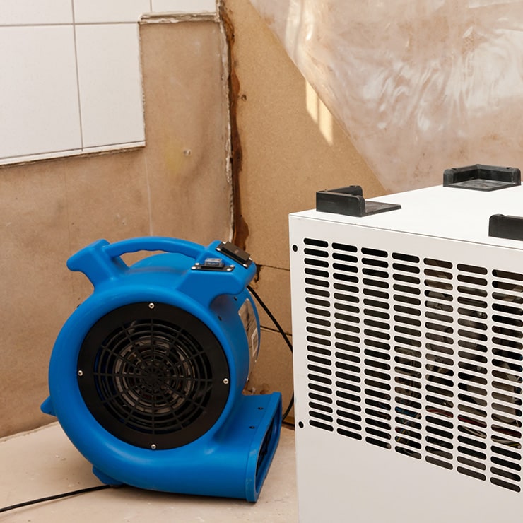 Water damage restoration equipment: a blue air mover and a white dehumidifier.