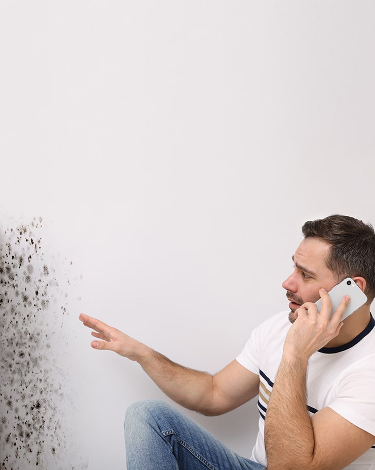 A man holding a phone to his ear points at a large patch of black mold on a white wall.