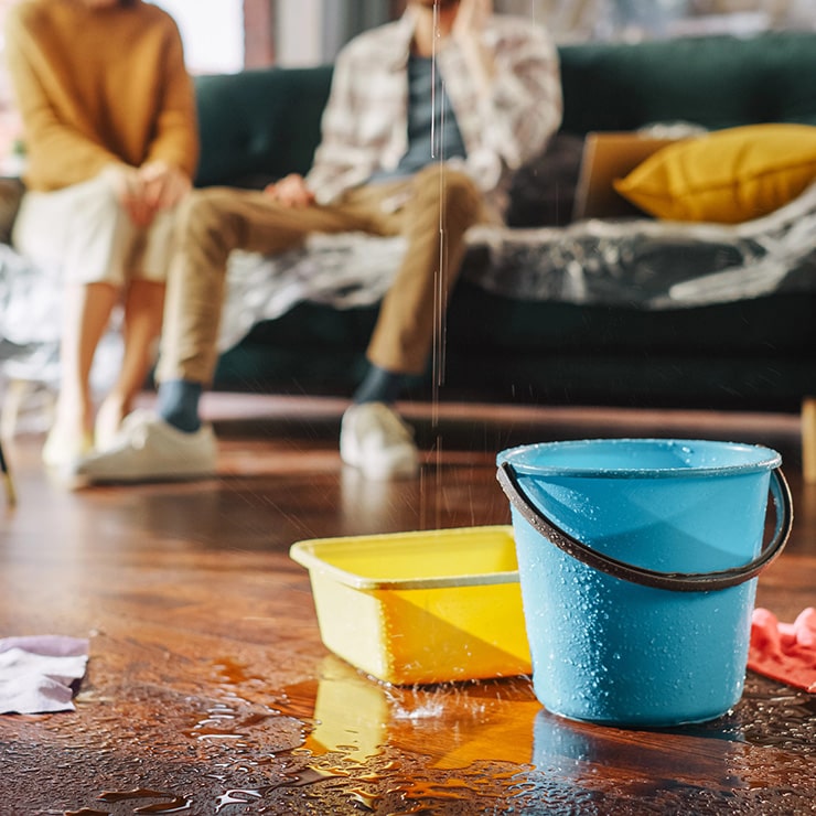 A blue bucket and a yellow basin on a wooden floor collecting water from a ceiling leak, with a soaked cloth nearby and a worried couple sitting on a couch in the background.